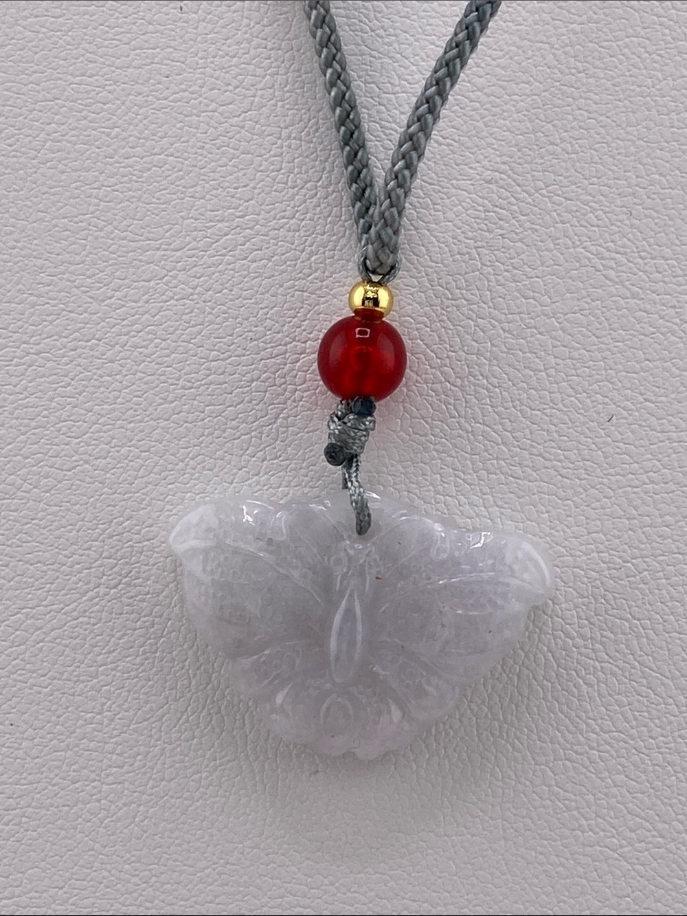 Hand-Carved White Jade Butterfly Pendant Necklace with Red Accent